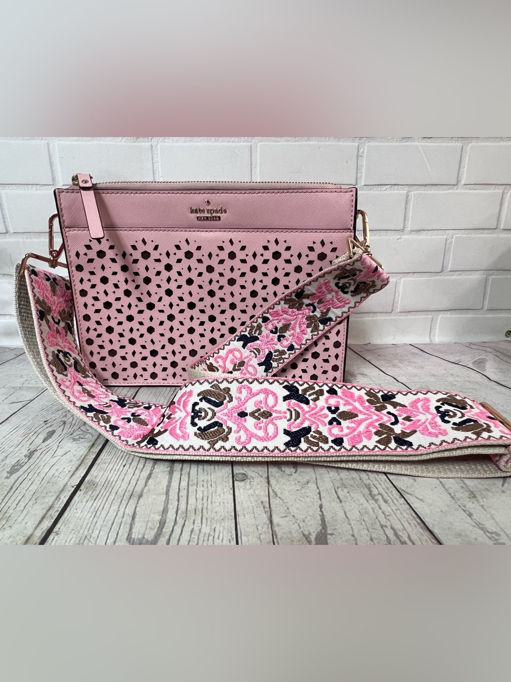 Kate Spade Light Pink Laser Cut Purse With Crossbody Strap